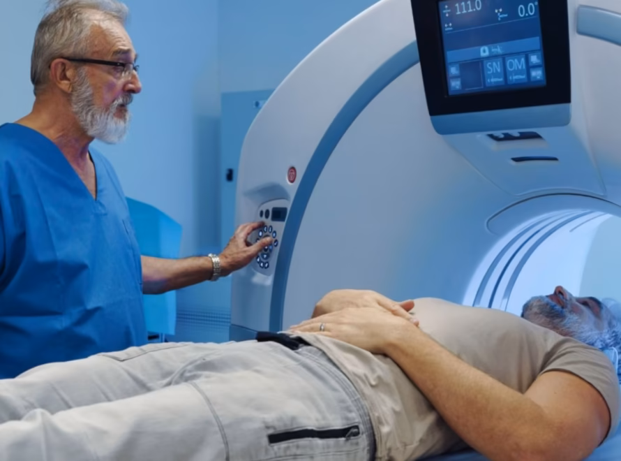 Healthcare professional preparing a patient for a non-contrast CT scan