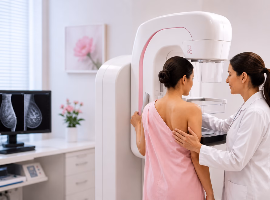 Woman undergoing a mammogram scan at a diagnostic center