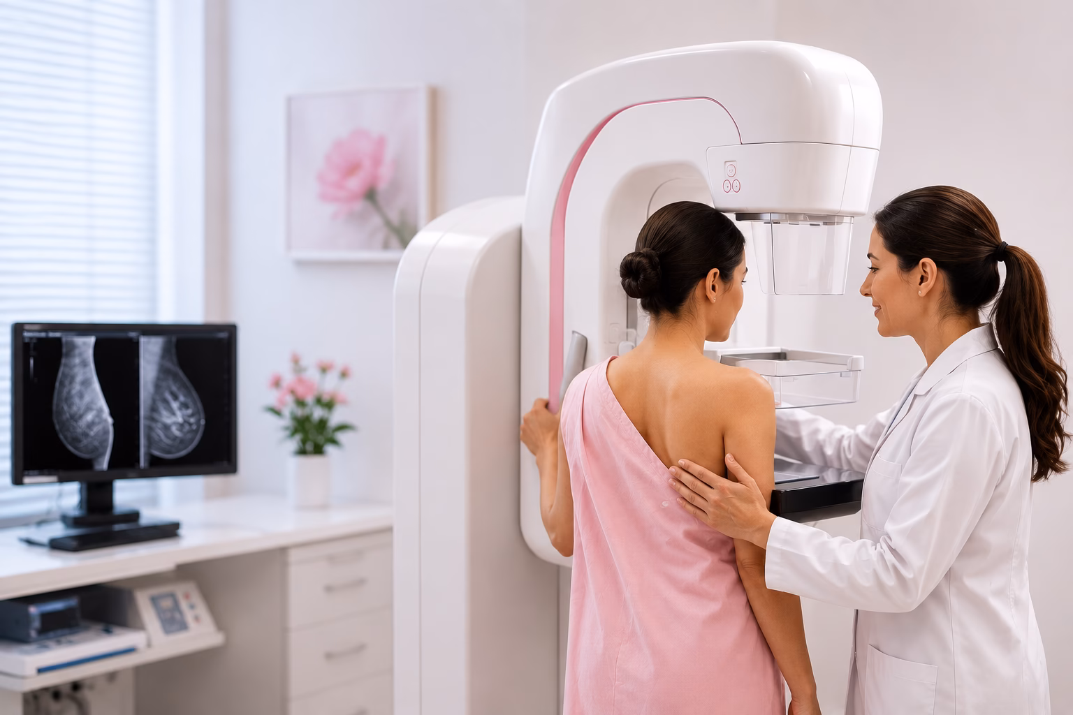 Woman undergoing a mammogram scan at a diagnostic center